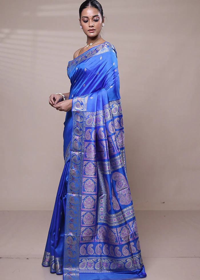 Blue Handloom Swarnachuri Pure Silk Saree With Blouse Piece - Image 4