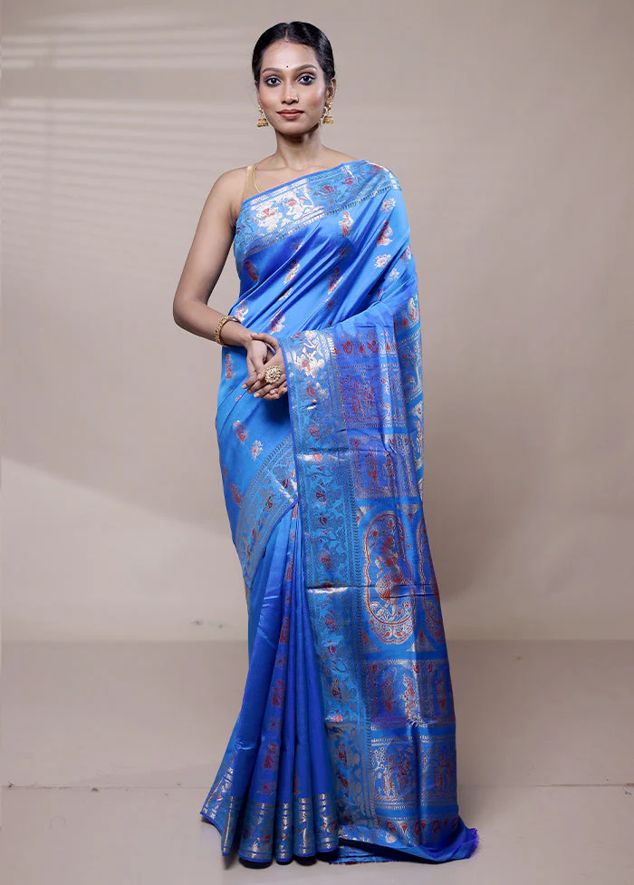 Blue Handloom Swarnachuri Pure Silk Saree With Blouse Piece - Image 2