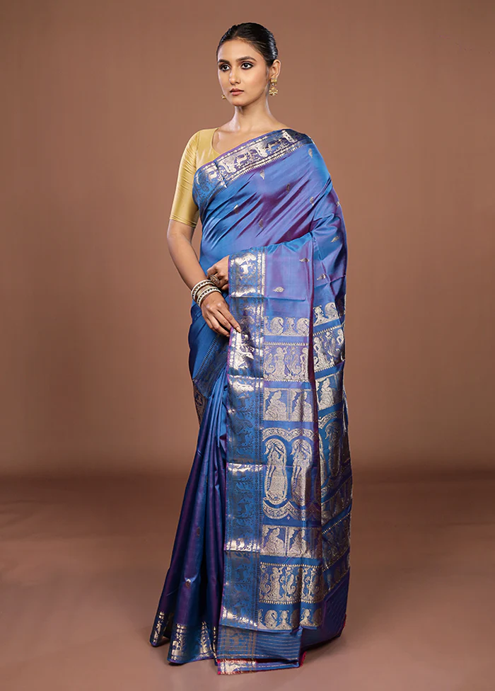 Blue Handloom Swarnachuri Pure Silk Saree With Blouse Piece - Image 3