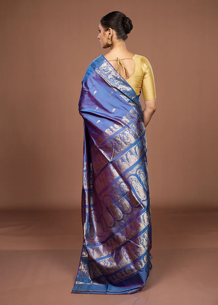 Blue Handloom Swarnachuri Pure Silk Saree With Blouse Piece - Image 4