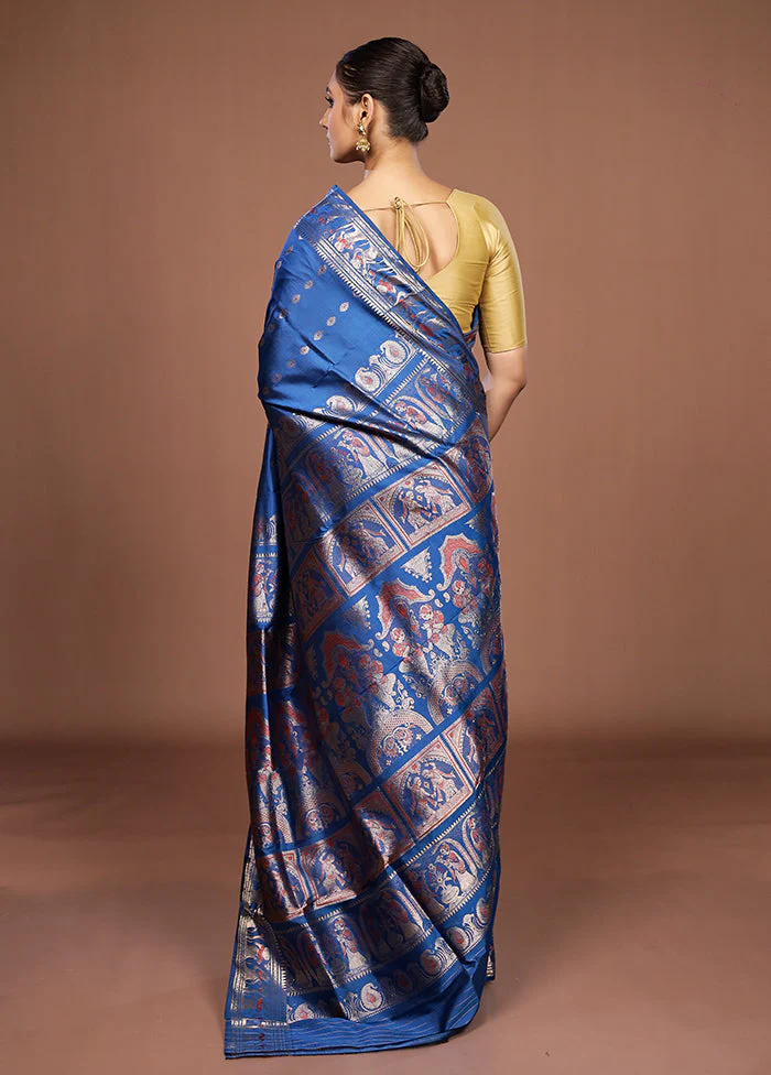 Blue Handloom Swarnachuri Pure Silk Saree With Blouse Piece - Image 3