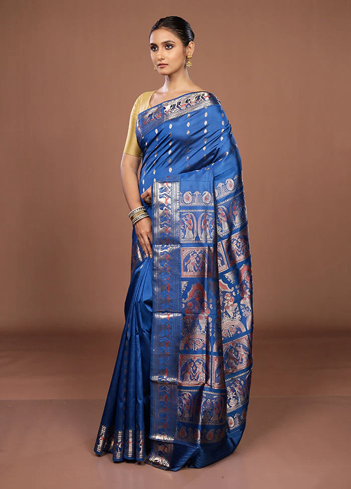 Blue Handloom Swarnachuri Pure Silk Saree With Blouse Piece - Image 4