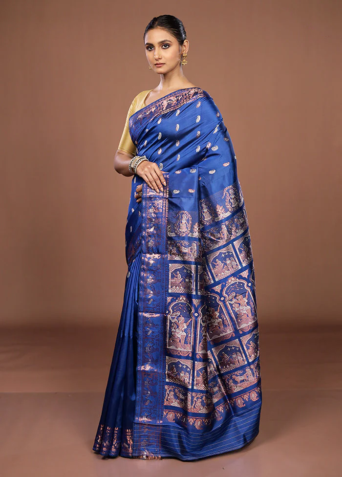 Blue Handloom Swarnachuri Pure Silk Saree With Blouse Piece - Image 4