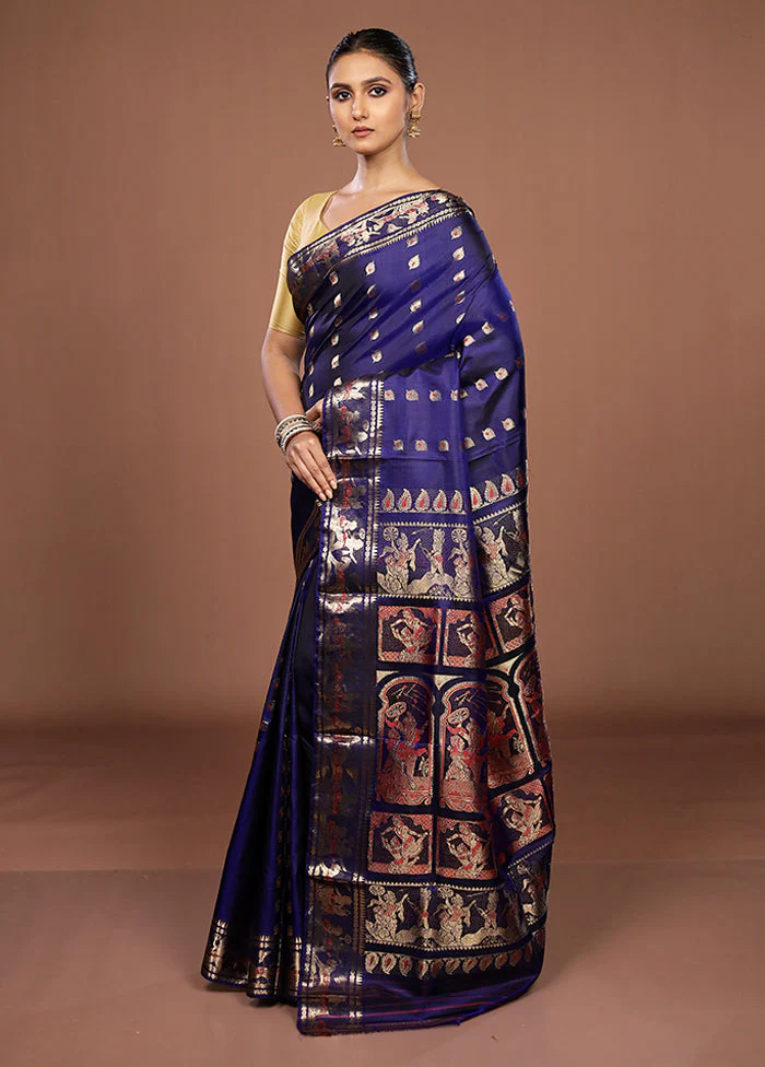 Blue Handloom Swarnachuri Pure Silk Saree With Blouse Piece - Image 4
