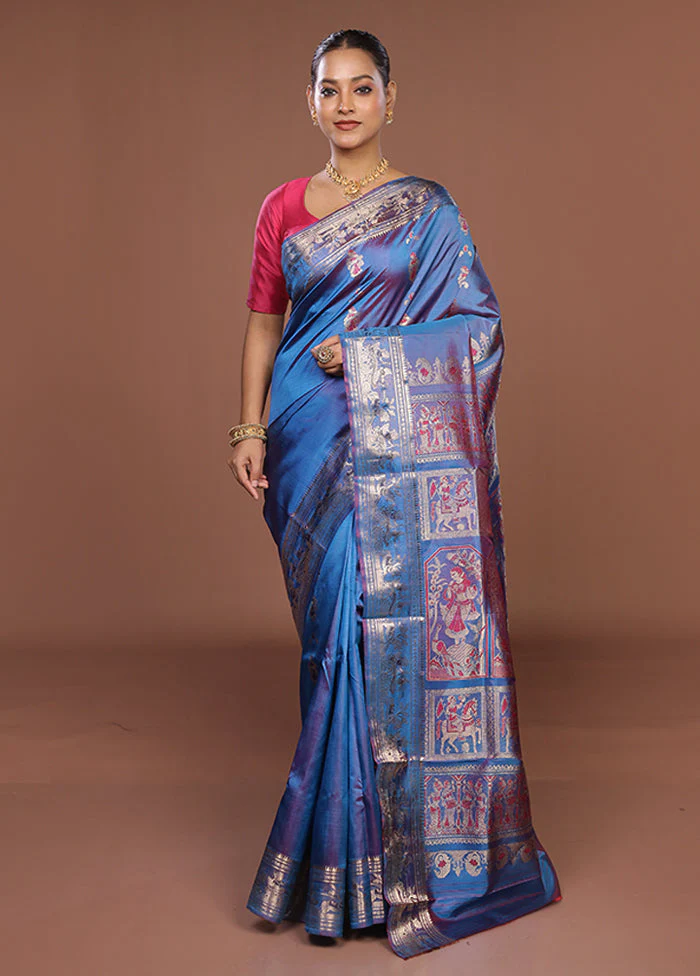 Blue Handloom Swarnachuri Pure Silk Saree With Blouse Piece - Image 2