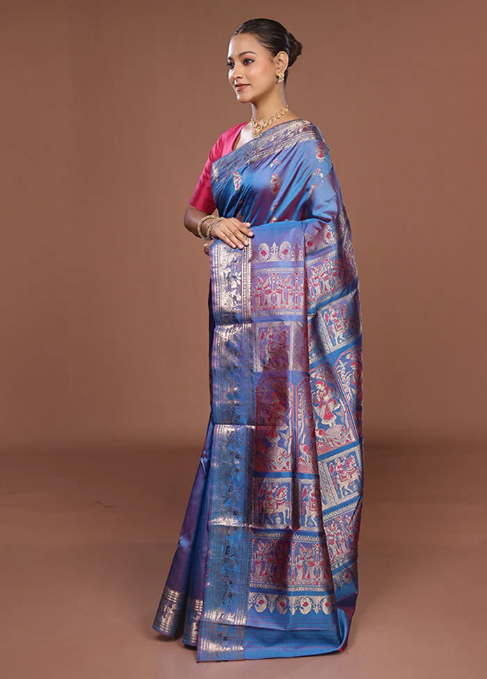Blue Handloom Swarnachuri Pure Silk Saree With Blouse Piece - Image 4