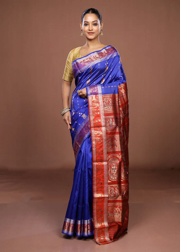 Blue Handloom Swarnachuri Pure Silk Saree With Blouse Piece - Image 2