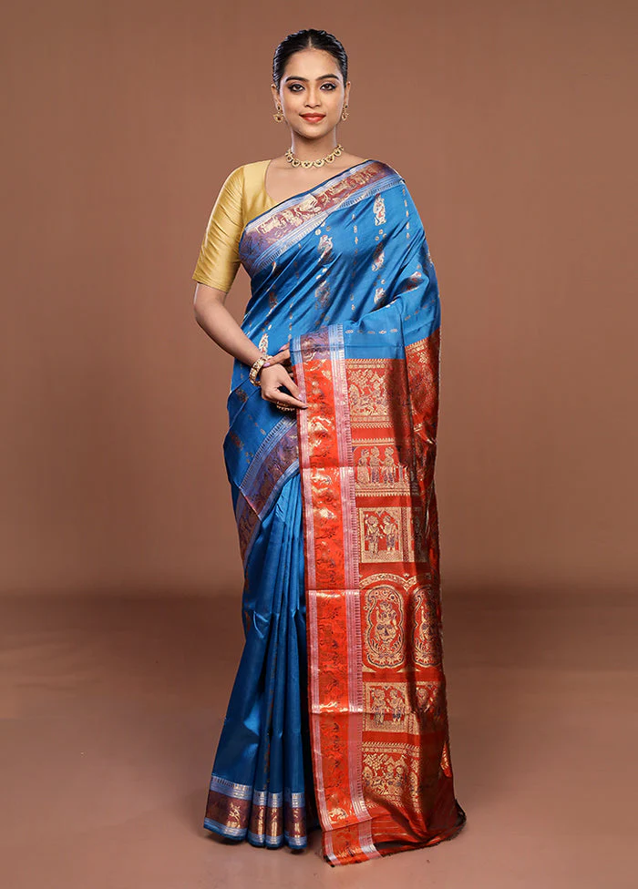 Blue Handloom Swarnachuri Pure Silk Saree With Blouse Piece - Image 2
