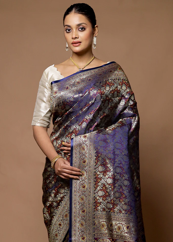 Blue Handloom Tanchoi Pure Silk Saree With Blouse Piece - Image 2
