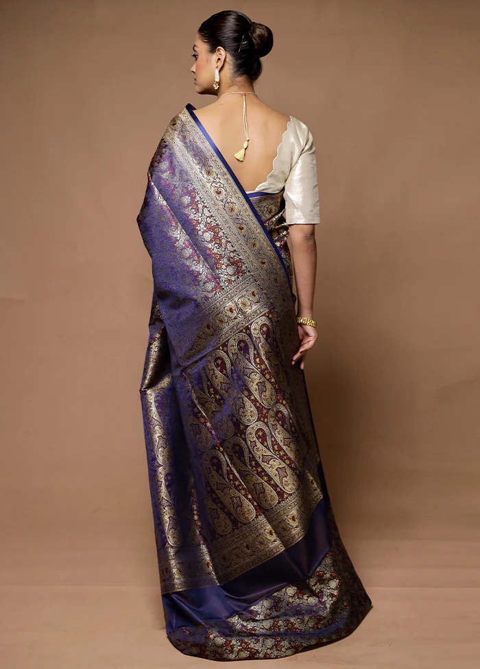 Blue Handloom Tanchoi Pure Silk Saree With Blouse Piece - Image 3
