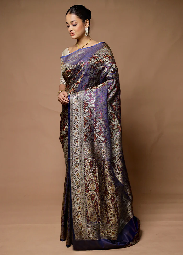 Blue Handloom Tanchoi Pure Silk Saree With Blouse Piece - Image 4