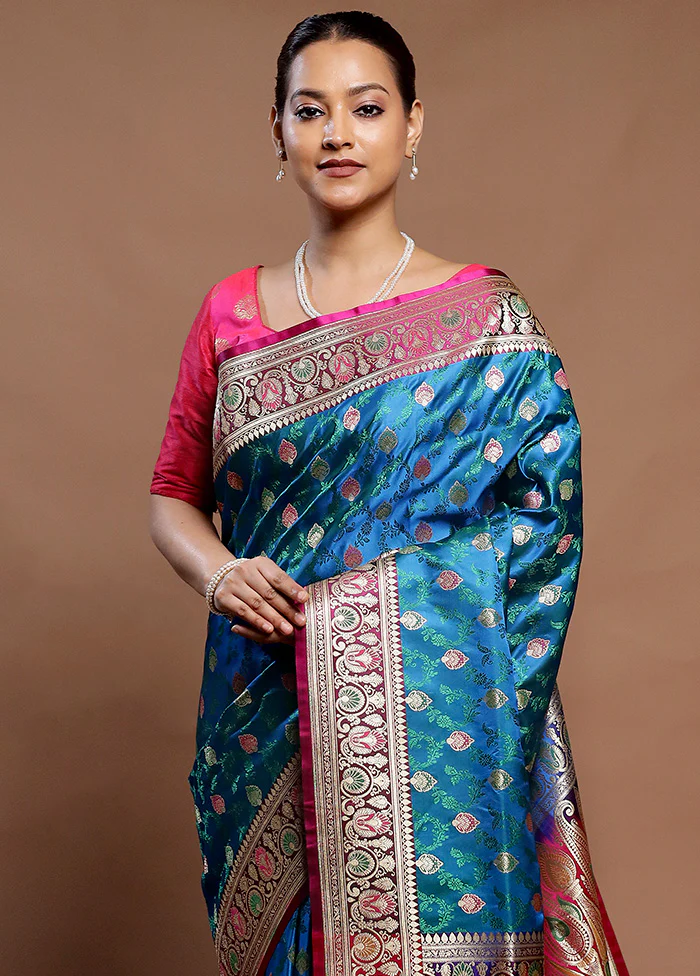 Blue Handloom Tanchoi Pure Silk Saree With Blouse Piece - Image 2