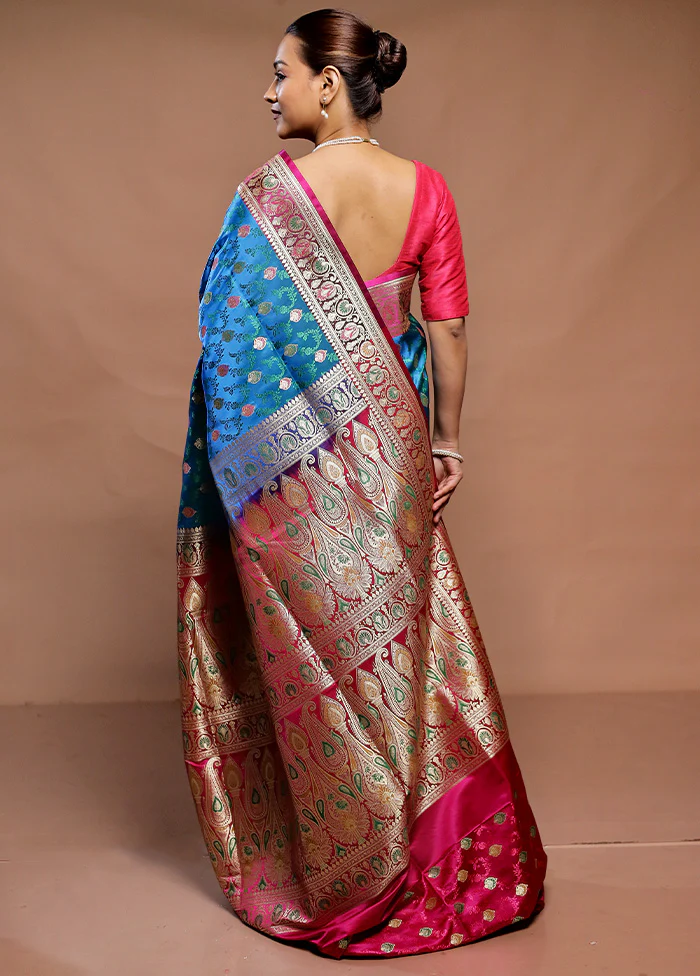 Blue Handloom Tanchoi Pure Silk Saree With Blouse Piece - Image 3