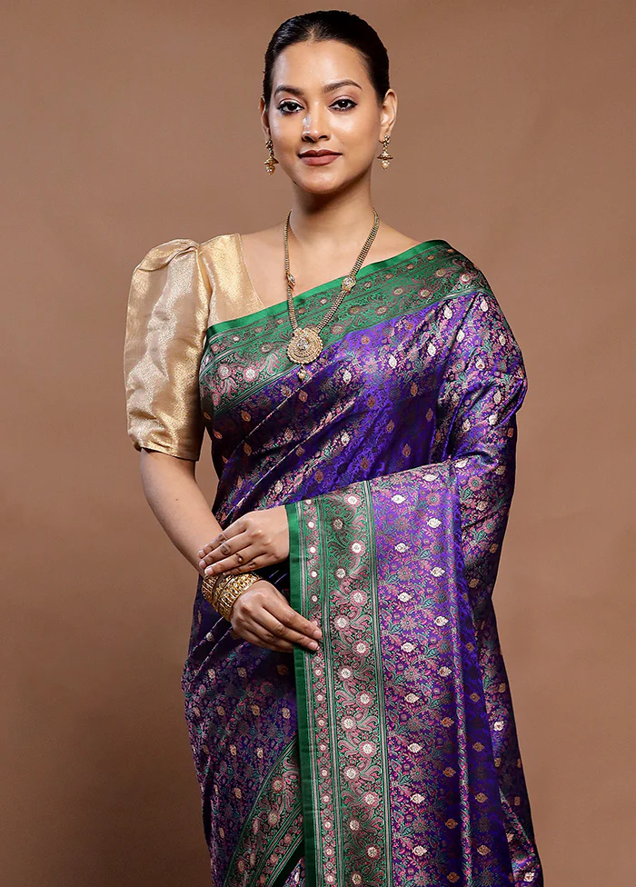 Blue Handloom Tanchoi Pure Silk Saree With Blouse Piece - Image 2