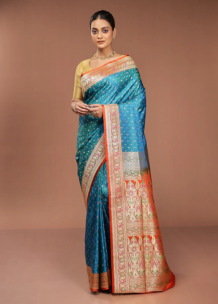 Blue Handloom Tanchoi Pure Silk Saree With Blouse Piece - Image 2