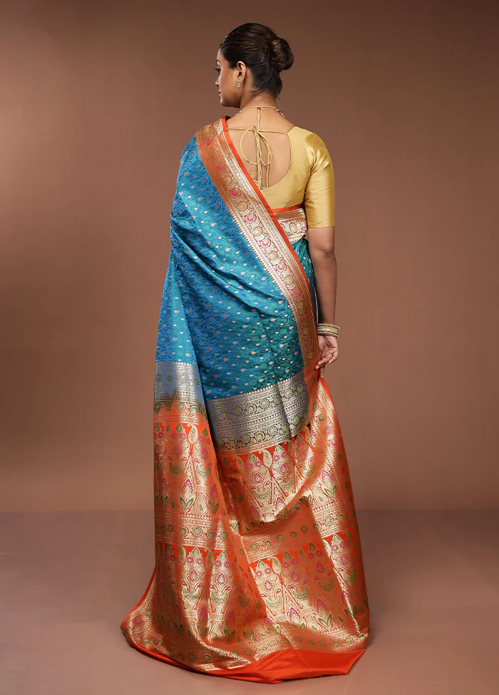 Blue Handloom Tanchoi Pure Silk Saree With Blouse Piece - Image 3