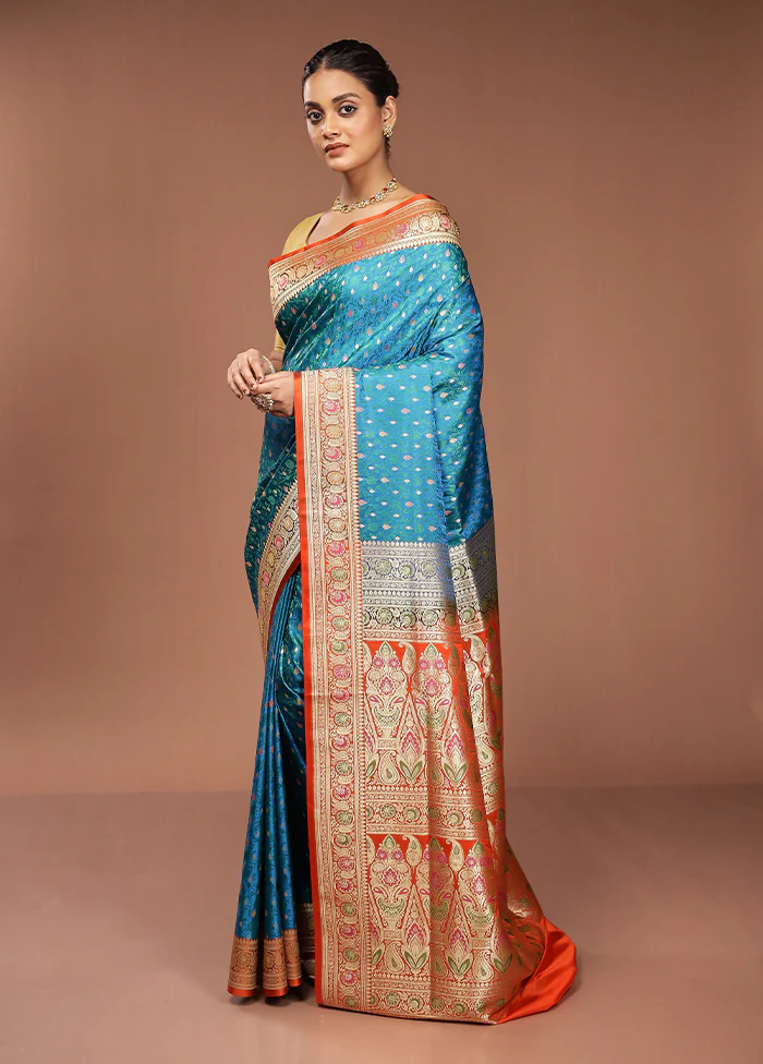 Blue Handloom Tanchoi Pure Silk Saree With Blouse Piece - Image 4