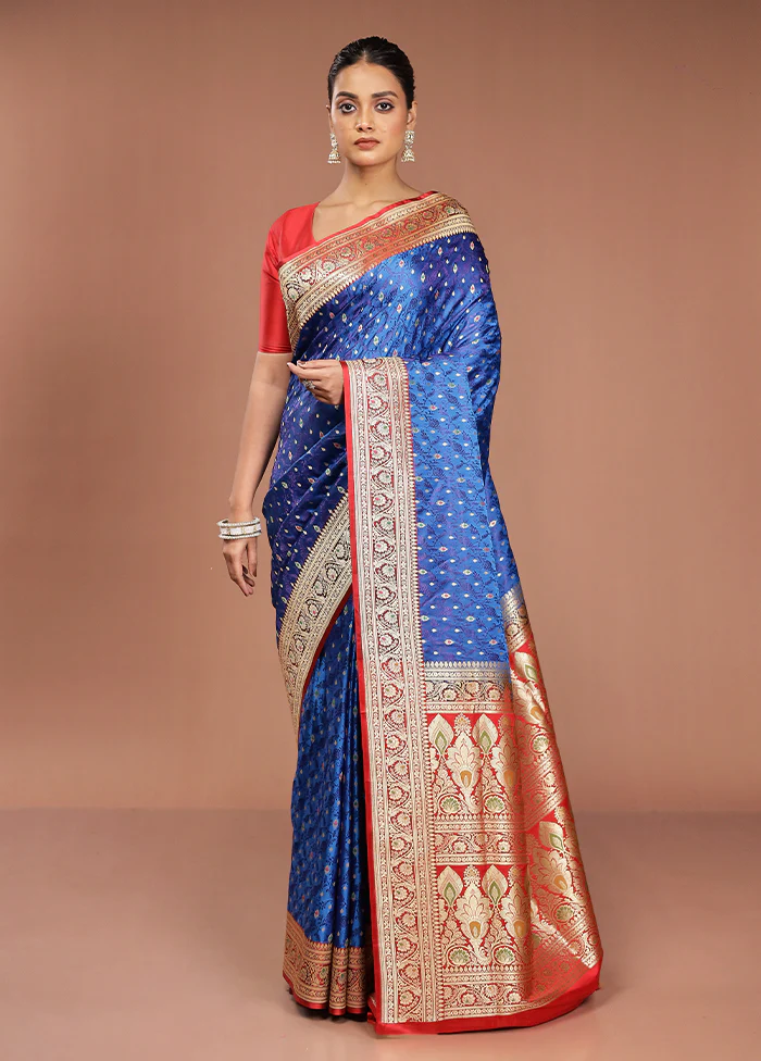 Blue Handloom Tanchoi Pure Silk Saree With Blouse Piece - Image 2