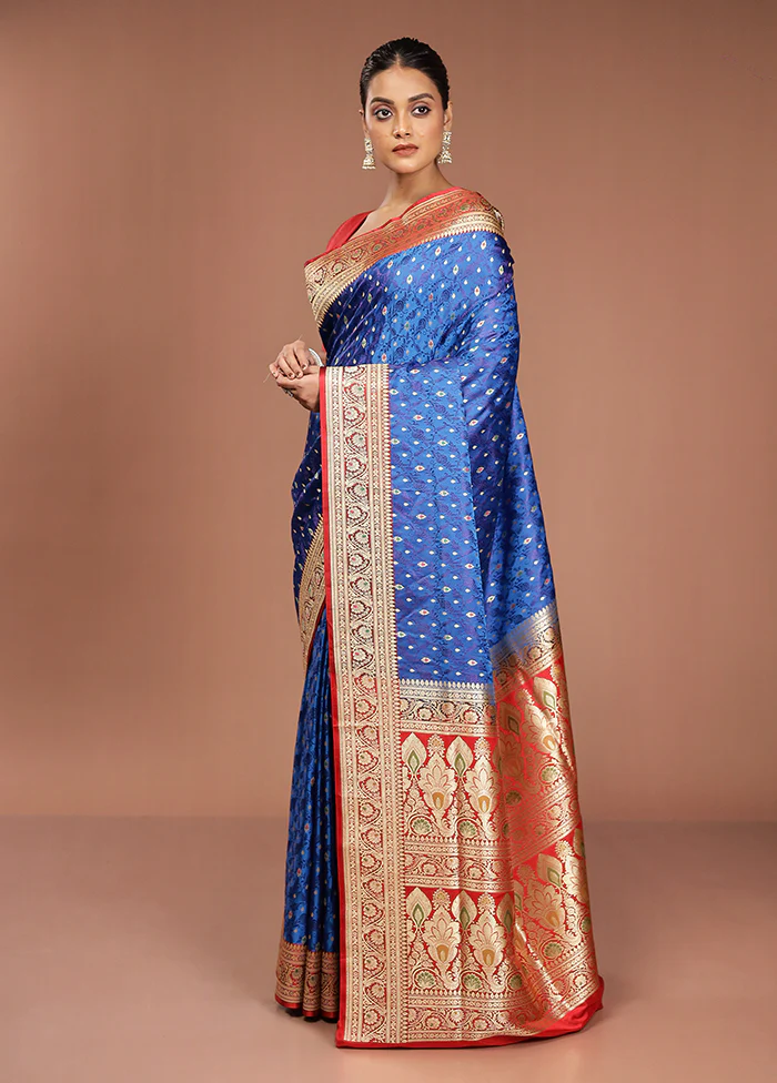 Blue Handloom Tanchoi Pure Silk Saree With Blouse Piece - Image 4