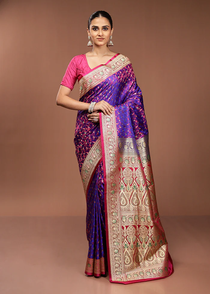 Blue Handloom Tanchoi Pure Silk Saree With Blouse Piece - Image 2