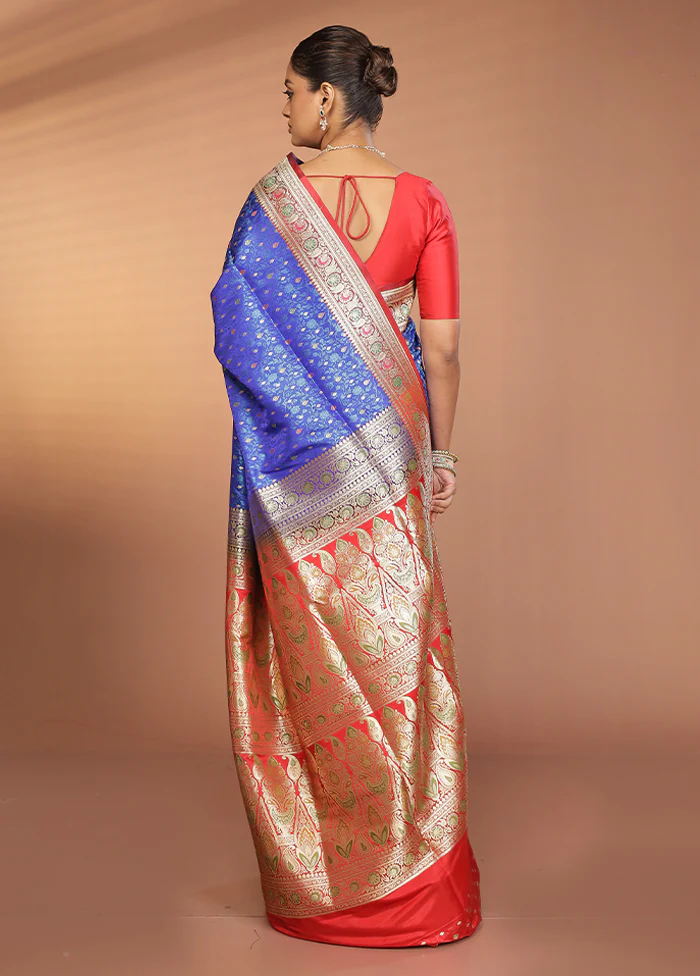 Blue Handloom Tanchoi Pure Silk Saree With Blouse Piece - Image 3