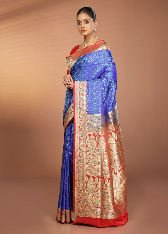 Blue Handloom Tanchoi Pure Silk Saree With Blouse Piece - Image 4