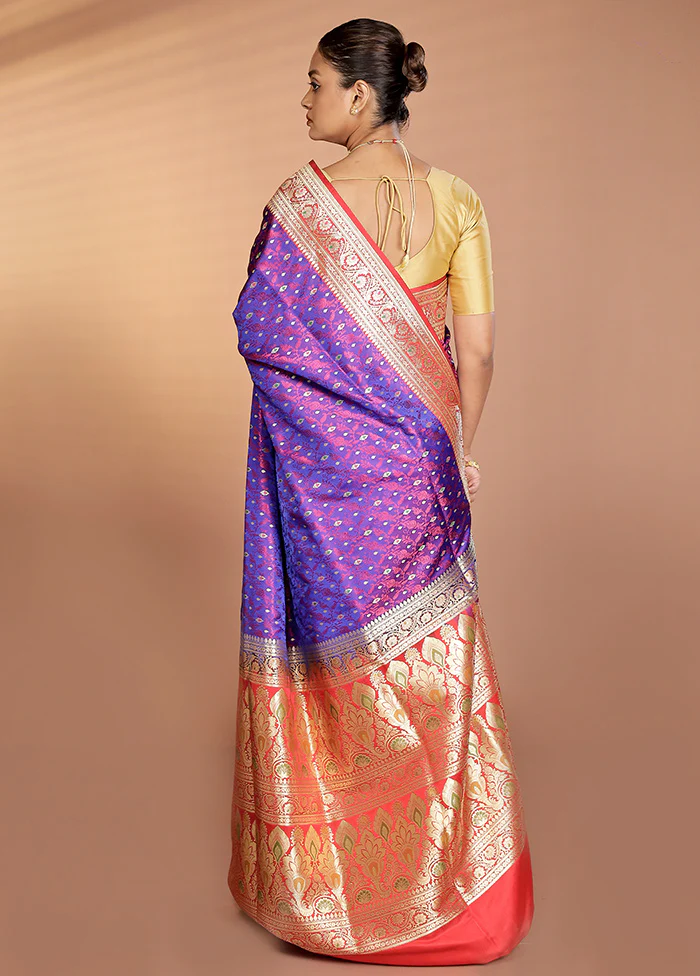 Blue Handloom Tanchoi Pure Silk Saree With Blouse Piece - Image 3