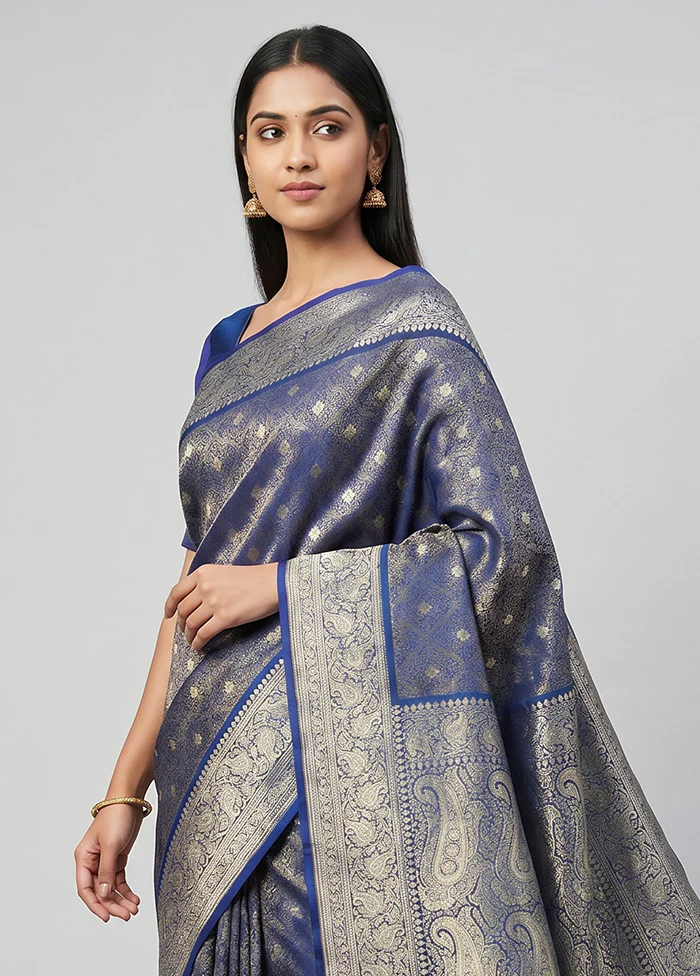 Blue Handloom Tanchoi Pure Silk Saree With Blouse Piece - Image 2