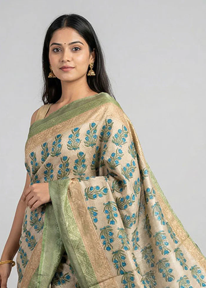 Blue Handloom Tussar Pure Silk Saree With Blouse Piece - Image 2