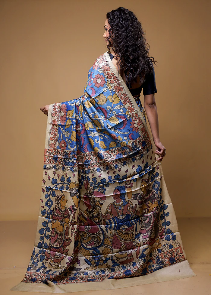 Blue Handloom Tussar Pure Silk Saree With Blouse Piece - Image 3