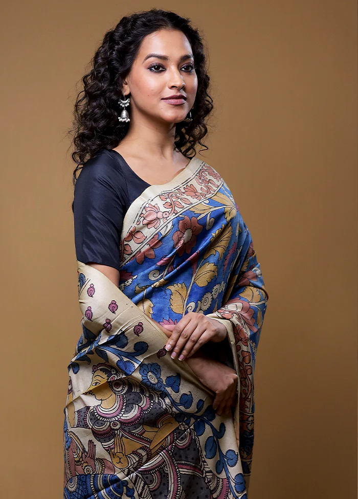 Blue Handloom Tussar Pure Silk Saree With Blouse Piece - Image 4