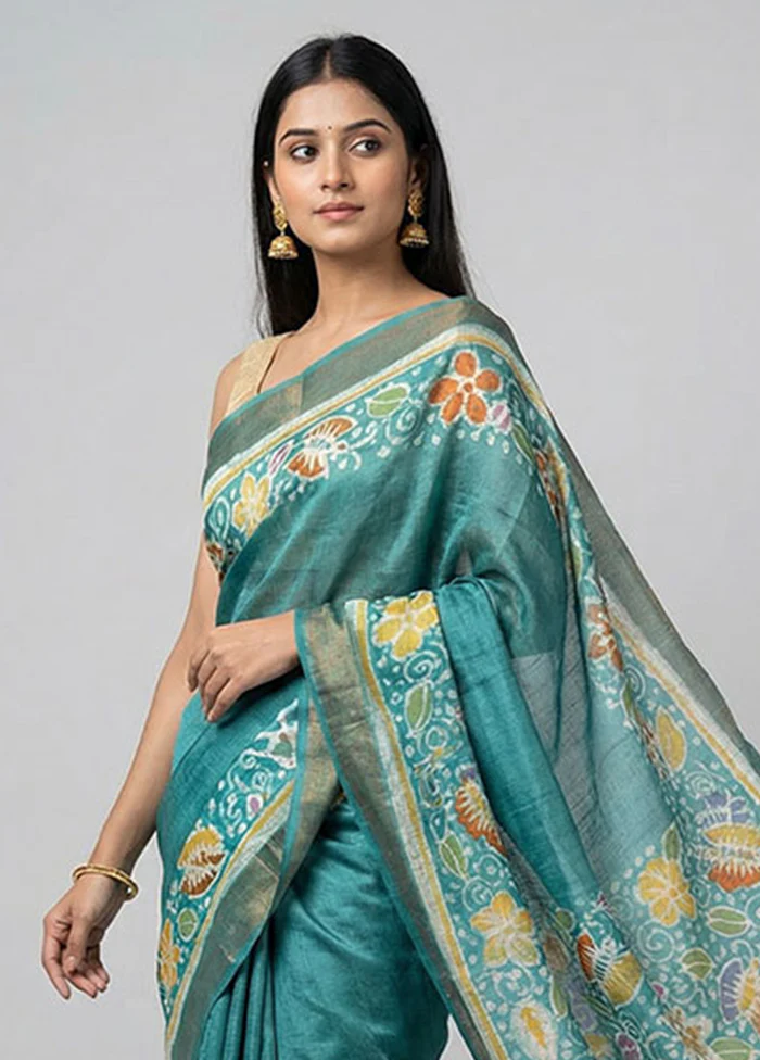 Blue Handloom Tussar Silk Saree With Blouse Piece - Image 2