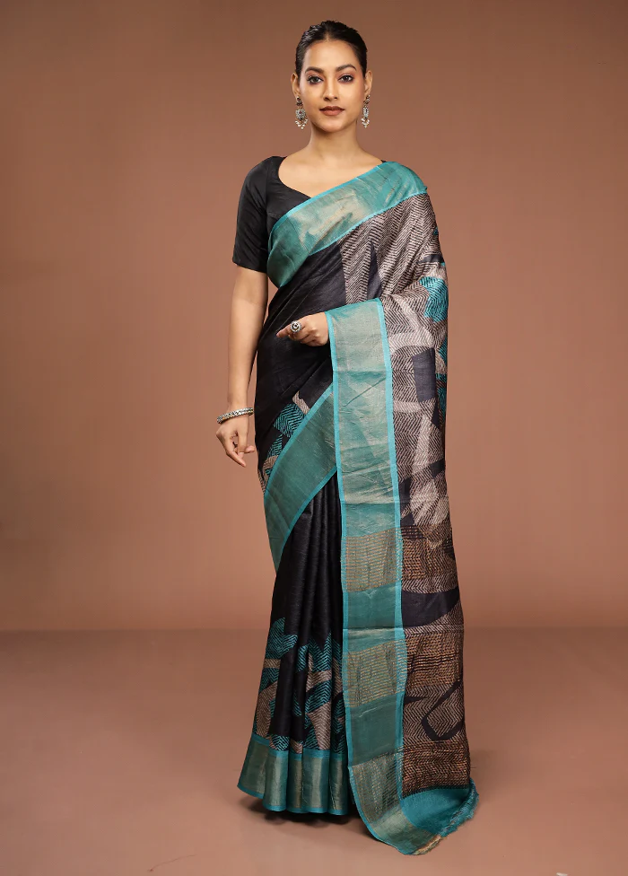Blue Handloom Tussar Pure Silk Saree With Blouse Piece - Image 2
