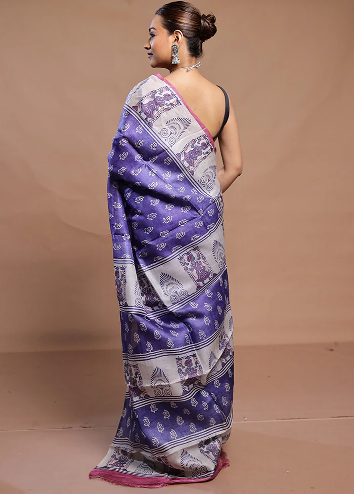 Blue Handloom Tussar Pure Silk Saree With Blouse Piece - Image 3