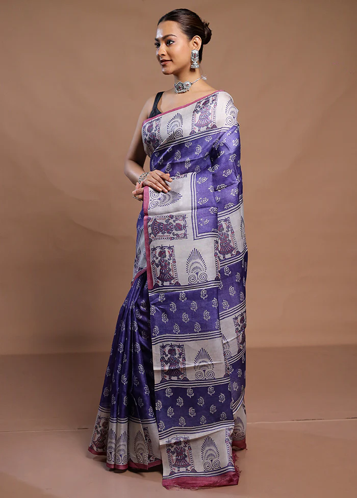 Blue Handloom Tussar Pure Silk Saree With Blouse Piece - Image 4