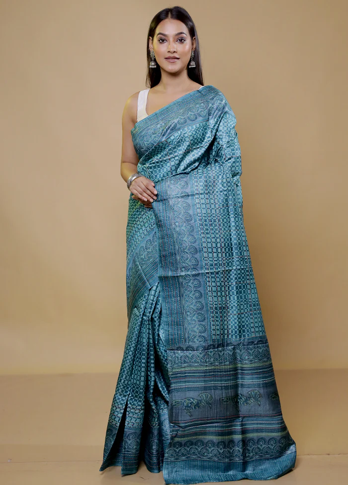 Blue Handloom Tussar Pure Silk Saree With Blouse Piece - Image 2