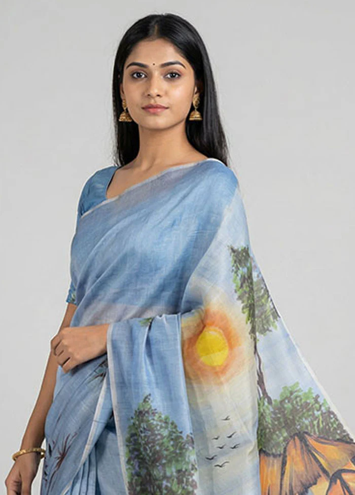 Blue Handloom Tussar Pure Silk Saree With Blouse Piece - Image 2