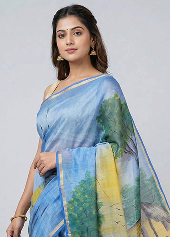 Blue Handloom Tussar Pure Silk Saree With Blouse Piece - Image 2