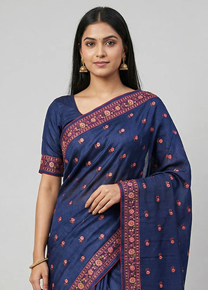 Blue Handloom Tussar Pure Silk Saree With Blouse Piece - Image 2