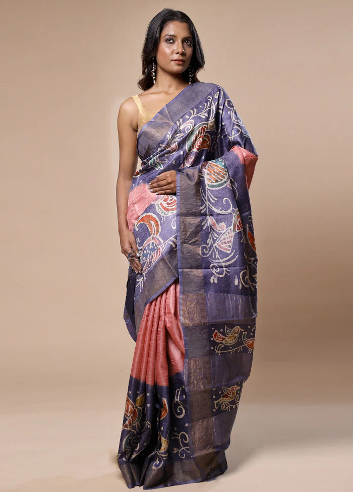 Blue Handloom Tussar Pure Silk Saree With Blouse Piece - Image 2