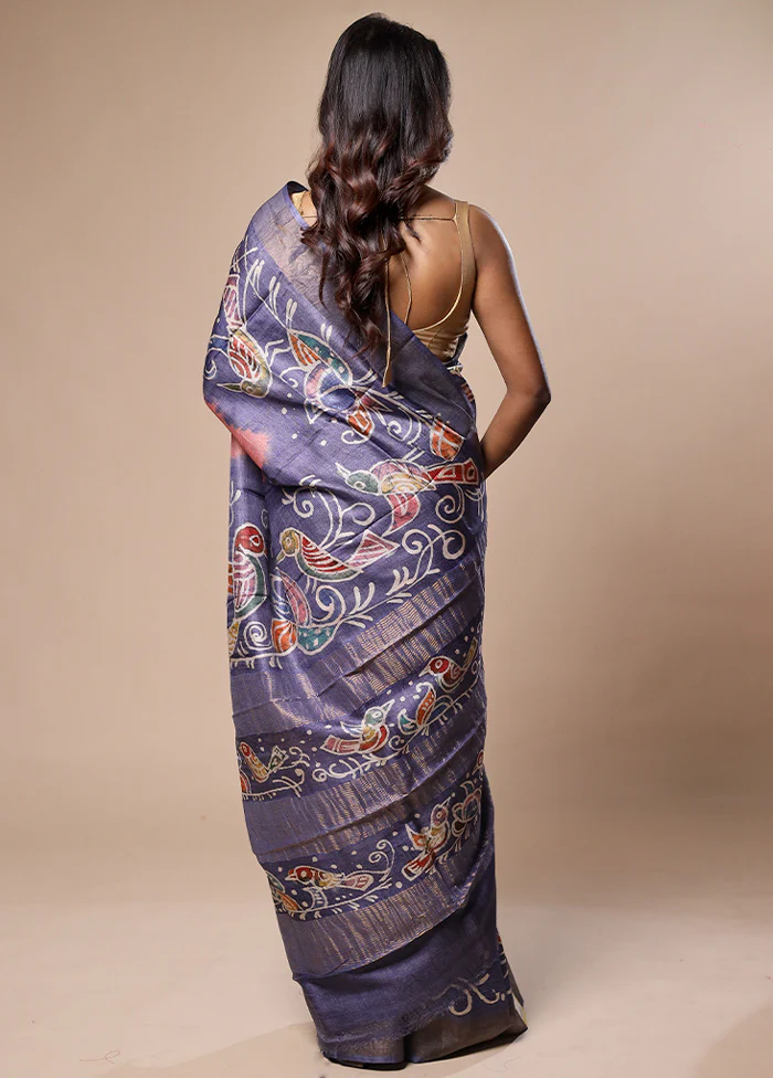 Blue Handloom Tussar Pure Silk Saree With Blouse Piece - Image 3