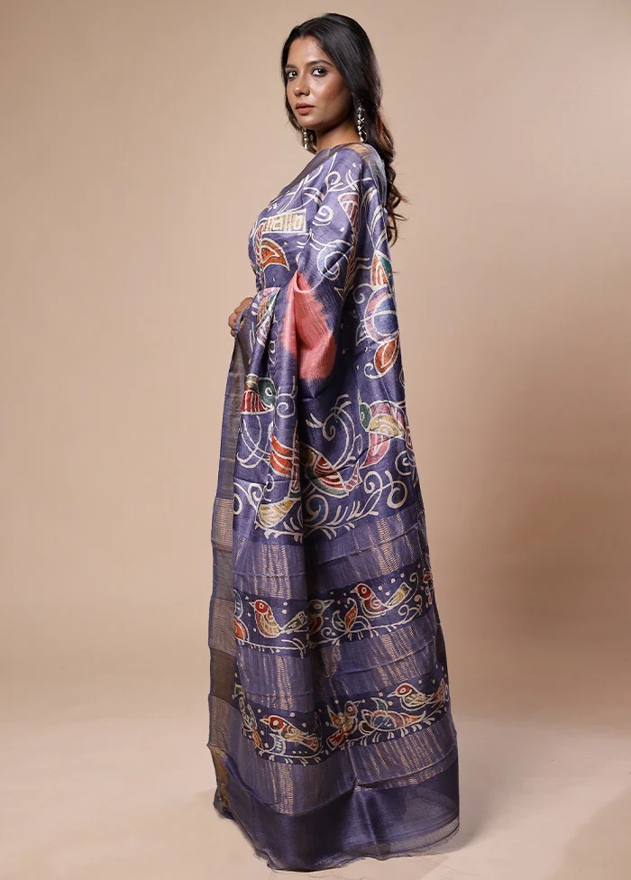 Blue Handloom Tussar Pure Silk Saree With Blouse Piece - Image 4