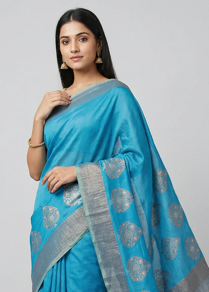 Blue Handloom Tussar Pure Silk Saree With Blouse Piece - Image 2