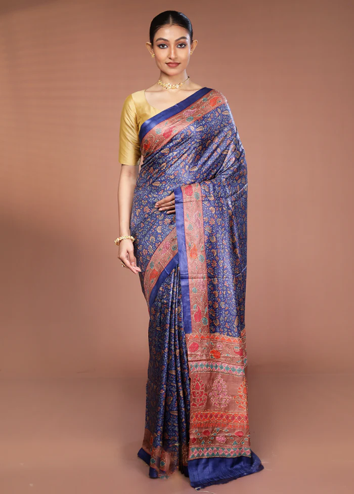 Blue Handloom Tussar Pure Silk Saree With Blouse Piece - Image 2