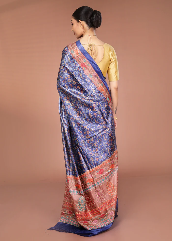 Blue Handloom Tussar Pure Silk Saree With Blouse Piece - Image 3