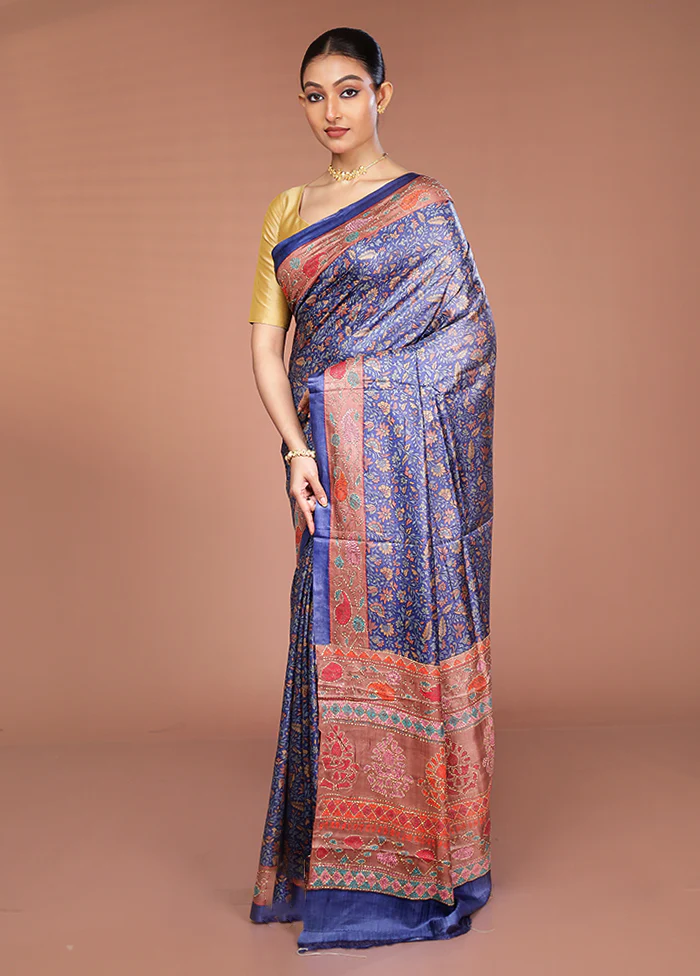 Blue Handloom Tussar Pure Silk Saree With Blouse Piece - Image 4