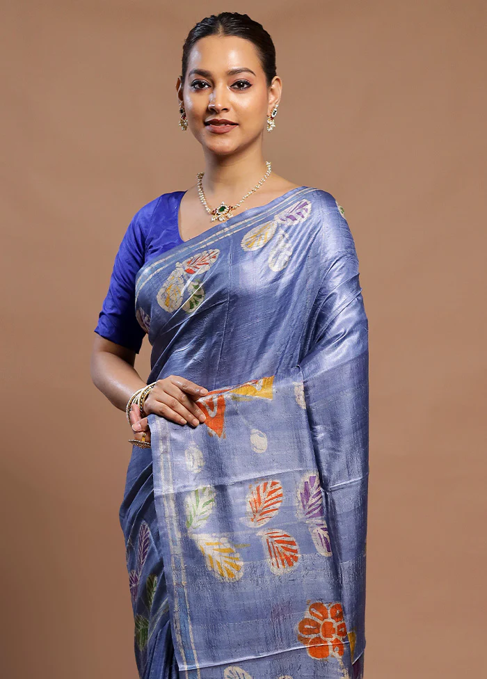 Blue Handloom Tussar Pure Silk Saree With Blouse Piece - Image 2