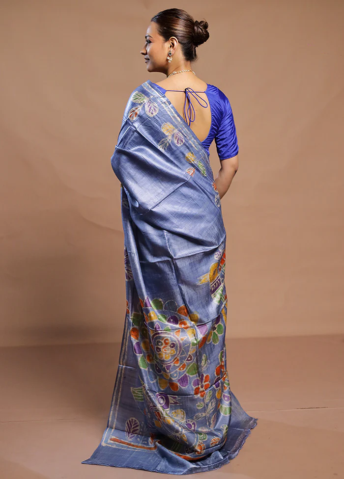 Blue Handloom Tussar Pure Silk Saree With Blouse Piece - Image 3