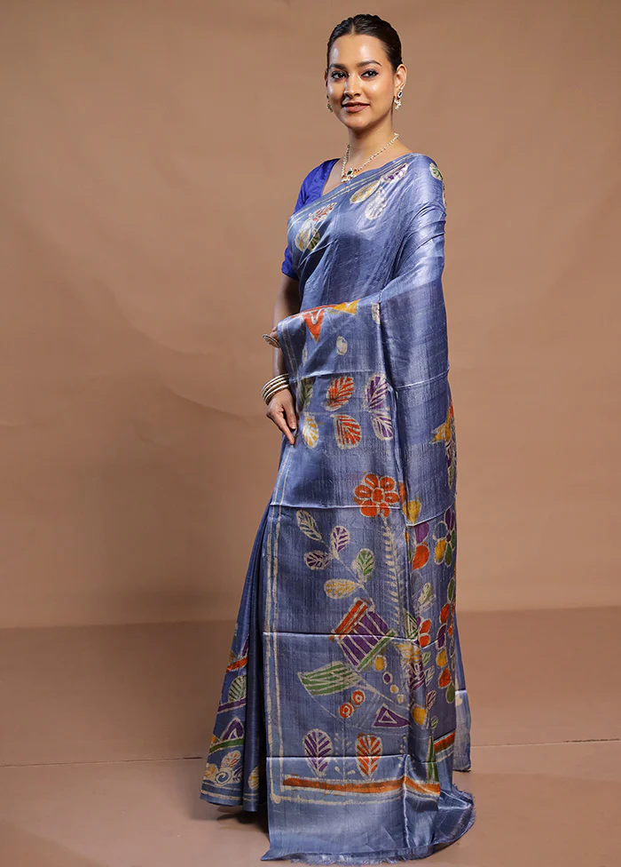 Blue Handloom Tussar Pure Silk Saree With Blouse Piece - Image 4