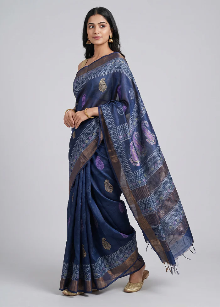 Blue Handloom Tussar Pure Silk Saree With Blouse Piece